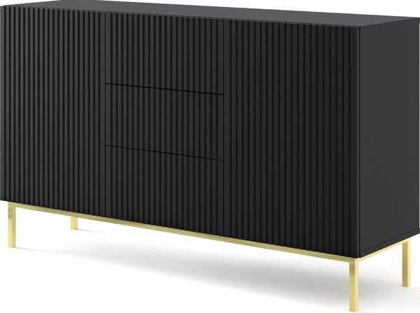 Komoda RAVENNA š 150 cm 2D3S rám ČERNÝ MAT / ČERNÝ MAT Příborník MDF 2 dvířka 3 zásuvky Vysoká skříňka s otevřenými policemi Bufet s frézovanými čely