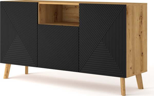 Komoda LUXI 3D 146 cm Artisan Dub / Černý mat Příborník Vysoká skříňka s frézovanými čely MDF s otevřenými policemi Bufetový stůl