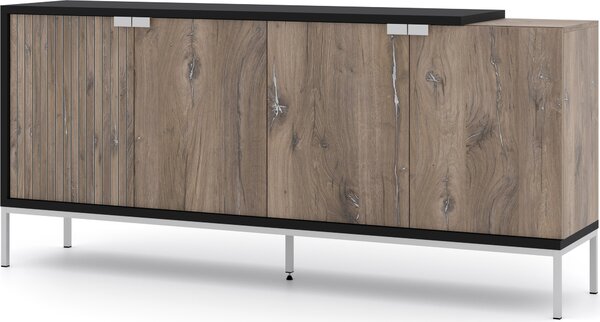 Komoda TOLEDO 191 cm 4D OAK FLAGSTAFF / BLACK MATT - Příborník se stříbrným rámem - Moderní komoda se 4 dvířky do ložnice nebo obývacího pokoje