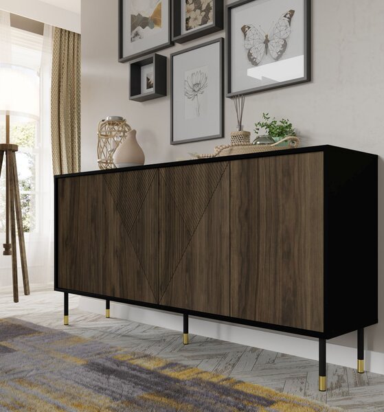 Komoda DŘEVO PACIFIC 4D 180 cm ČERNÝ MAT / OŘECH PACIFIC - frézovaná čela z MDF - příborník na nožičkách