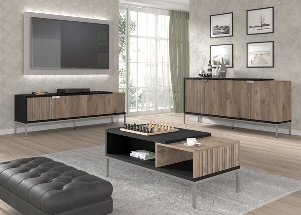 Komoda TOLEDO 144 cm 3D OAK FLAGSTAFF / BLACK MATT - Příborník se stříbrným rámem - Moderní komoda se 3 dvířky do ložnice nebo obývacího pokoje