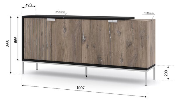 Komoda TOLEDO 191 cm 4D OAK FLAGSTAFF / BLACK MATT - Příborník se stříbrným rámem - Moderní komoda se 4 dvířky do ložnice nebo obývacího pokoje