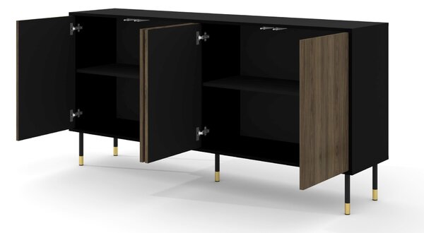 Komoda DŘEVO PACIFIC 4D 180 cm ČERNÝ MAT / OŘECH PACIFIC - frézovaná čela z MDF - příborník na nožičkách
