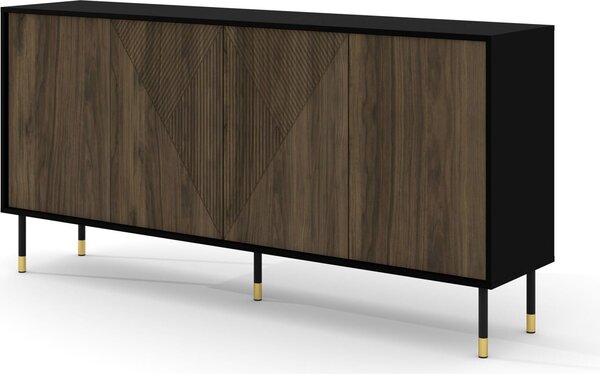 Komoda DŘEVO PACIFIC 4D 180 cm ČERNÝ MAT / OŘECH PACIFIC - frézovaná čela z MDF - příborník na nožičkách