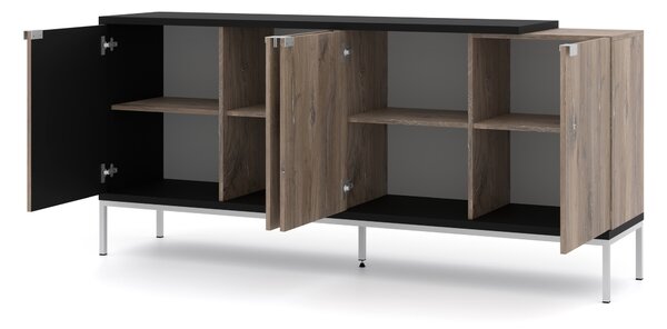 Komoda TOLEDO 191 cm 4D OAK FLAGSTAFF / BLACK MATT - Příborník se stříbrným rámem - Moderní komoda se 4 dvířky do ložnice nebo obývacího pokoje