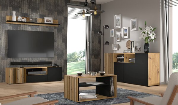 AURIS 4D 180 cm komoda se 4 dvířky, dub Artisan / černý mat