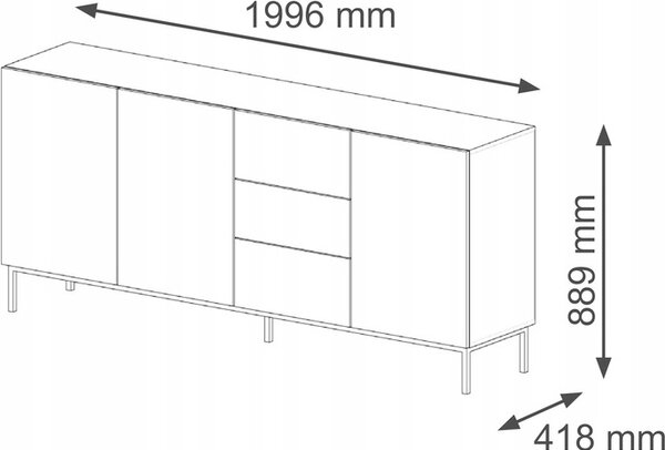Komoda RAVENNA š 200 cm 3D3S rám ČERNÝ MAT / ČERNÝ MAT Příborník MDF 3 dvířka 3 zásuvky Vysoká skříňka s otevřenými policemi Bufet s frézovanými čely