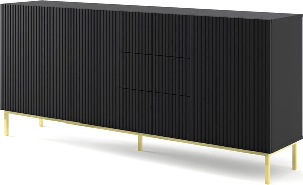 Komoda RAVENNA š 200 cm 3D3S rám ČERNÝ MAT / ČERNÝ MAT Příborník MDF 3 dvířka 3 zásuvky Vysoká skříňka s otevřenými policemi Bufet s frézovanými čely