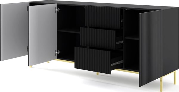 Komoda RAVENNA š 200 cm 3D3S rám ČERNÝ MAT / ČERNÝ MAT Příborník MDF 3 dvířka 3 zásuvky Vysoká skříňka s otevřenými policemi Bufet s frézovanými čely