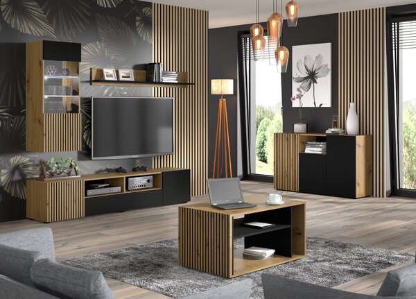 Komoda AURIS 3D 135 cm Skříň se 3 dvířky Artisan Dub / Černý matný