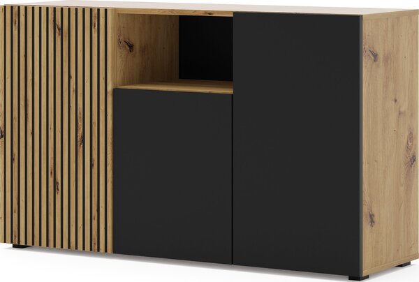 Komoda AURIS 3D 135 cm Skříň se 3 dvířky Artisan Dub / Černý matný