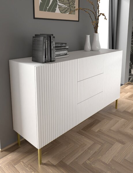 Komoda RAVENNA B 150 cm 2D3S rám BÍLÝ MAT / BÍLÝ MAT Příborník MDF 2 dvířka 3 zásuvky Vysoká skříňka s otevřenými policemi Bufet s frézovanými čely