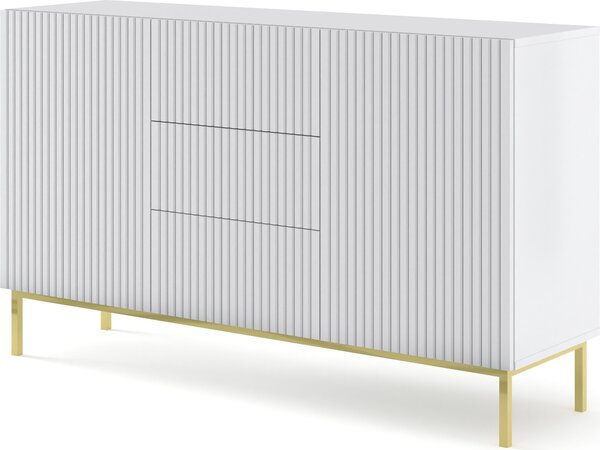 Komoda RAVENNA B 150 cm 2D3S rám BÍLÝ MAT / BÍLÝ MAT Příborník MDF 2 dvířka 3 zásuvky Vysoká skříňka s otevřenými policemi Bufet s frézovanými čely