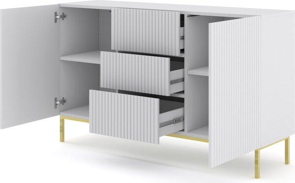 Komoda RAVENNA B 150 cm 2D3S rám BÍLÝ MAT / BÍLÝ MAT Příborník MDF 2 dvířka 3 zásuvky Vysoká skříňka s otevřenými policemi Bufet s frézovanými čely