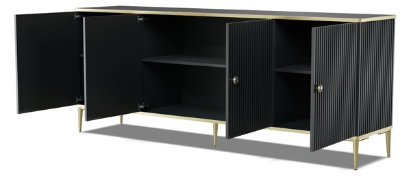 Komoda PETRA 182 cm 4D BLACK MATT se zlatými kovovými nožičkami Příborník MDF 4 dvířka Vysoká skříňka s otevřenými policemi Bufet s frézovanými čely a boky