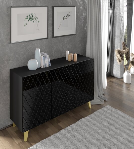 Komoda DIUNA 3D 145 cm na nožičkách ČERNÝ MAT / ČERNÝ LESK 3 dveře příborník skříňka bufetová