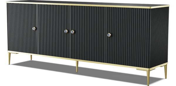 Komoda PETRA 182 cm 4D BLACK MATT se zlatými kovovými nožičkami Příborník MDF 4 dvířka Vysoká skříňka s otevřenými policemi Bufet s frézovanými čely a boky