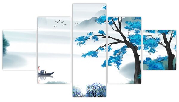 Obraz - Malované jezero s loďkou (125x70 cm)