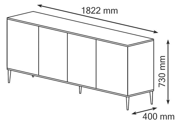 Komoda PETRA 182 cm 4D BLACK MATT se zlatými kovovými nožičkami Příborník MDF 4 dvířka Vysoká skříňka s otevřenými policemi Bufet s frézovanými čely a boky