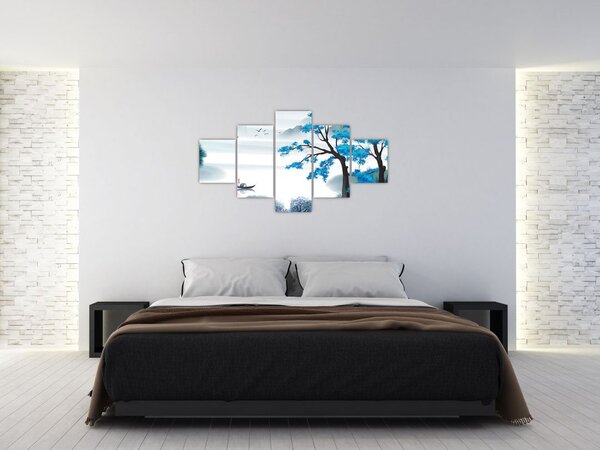 Obraz - Malované jezero s loďkou (125x70 cm)