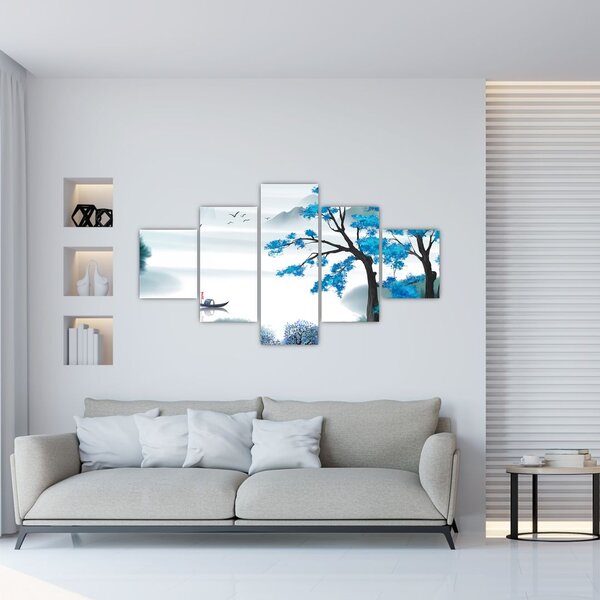 Obraz - Malované jezero s loďkou (125x70 cm)