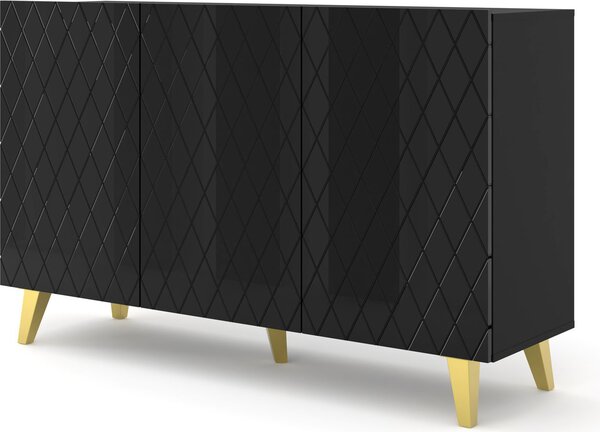 Komoda DIUNA 3D 145 cm na nožičkách ČERNÝ MAT / ČERNÝ LESK 3 dveře příborník skříňka bufetová