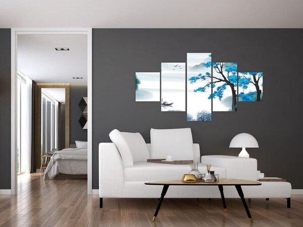 Obraz - Malované jezero s loďkou (125x70 cm)