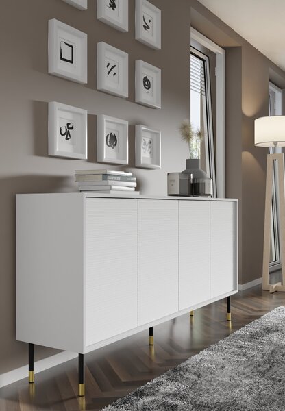 Komoda SHERWOOD 4D 180 cm BÍLÝ MAT Frézovaná čela MDF Příborník skříňka na nožičkách