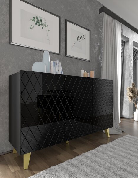 Komoda DIUNA 3D 145 cm na nožičkách ČERNÝ MAT / ČERNÝ LESK 3 dveře příborník skříňka bufetová