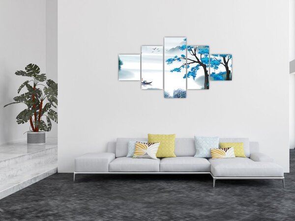Obraz - Malované jezero s loďkou (125x70 cm)