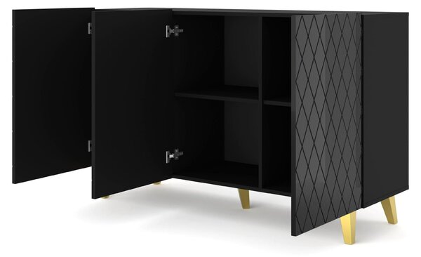 Komoda DIUNA 3D 145 cm na nožičkách ČERNÝ MAT / ČERNÝ LESK 3 dveře příborník skříňka bufetová