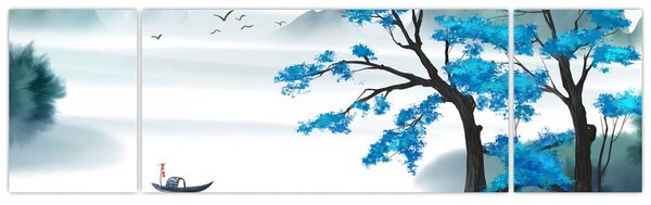 Obraz - Malované jezero s loďkou (170x50 cm)