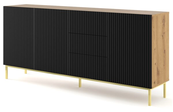 Komoda RAVENNA š 200 cm 3D3S rám ARTISAN OAK / BLACK MATT Příborník MDF 3 dvířka 3 zásuvky s kovovými nožičkami Kovový rám nohy Zlatý nebo černý kovový rám Skříňka s vysokou deskou otevřené police Bufet s frézovanými čely