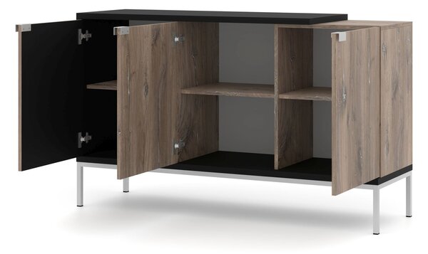 Komoda TOLEDO 144 cm 3D OAK FLAGSTAFF / BLACK MATT - Příborník se stříbrným rámem - Moderní komoda se 3 dvířky do ložnice nebo obývacího pokoje