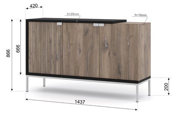 Komoda TOLEDO 144 cm 3D OAK FLAGSTAFF / BLACK MATT - Příborník se stříbrným rámem - Moderní komoda se 3 dvířky do ložnice nebo obývacího pokoje