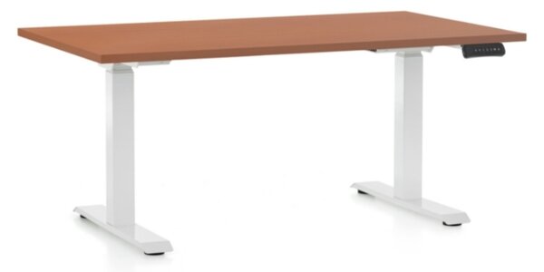 Výškově nastavitelný stůl OfficeTech D, 140 x 80 cm, bílá podnož, třešeň