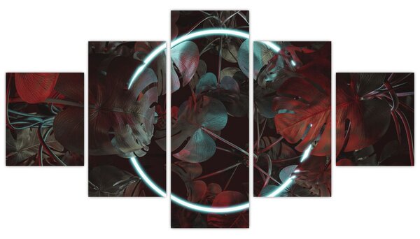 Obraz - Neonový kruh mezi palmami (125x70 cm)