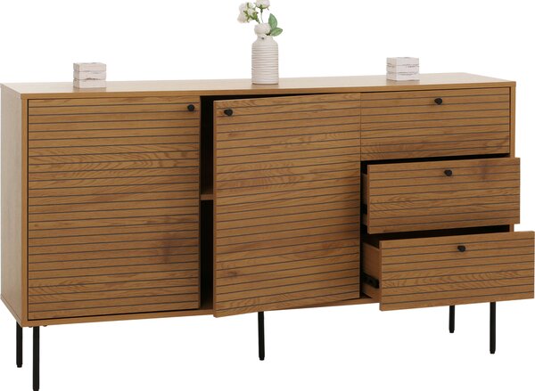 Komoda HWC-N78, píborník, 3 zásuvky 2 dvíka, skandinávský styl kov dřevo melamin MVG 85x150x40cm pírodní