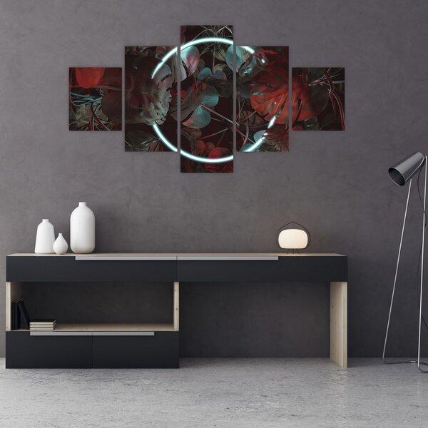 Obraz - Neonový kruh mezi palmami (125x70 cm)