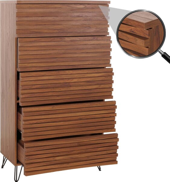 Komoda HWC-M49, skíka s vysokou deskou, 3D design 5 zásuvek MDF kov 145x80x44cm oechový vzhled