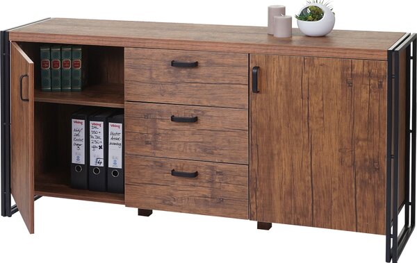 Píborník HWC-A27, komoda skíka, 3D struktura 2 úloné prostory 80x160x40cm MVG-certifikát MDF kov vzhled divokého dubu