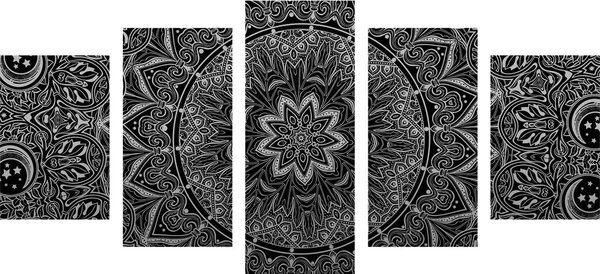 5-dílný obraz orientální Mandala v černobílém provedení
