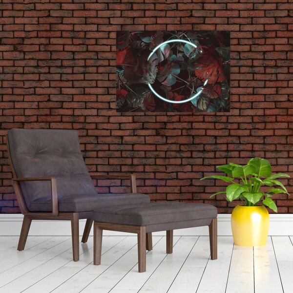 Obraz - Neonový kruh mezi palmami (70x50 cm)