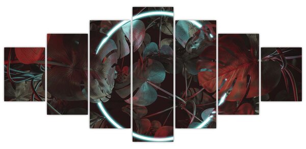 Obraz - Neonový kruh mezi palmami (210x100 cm)