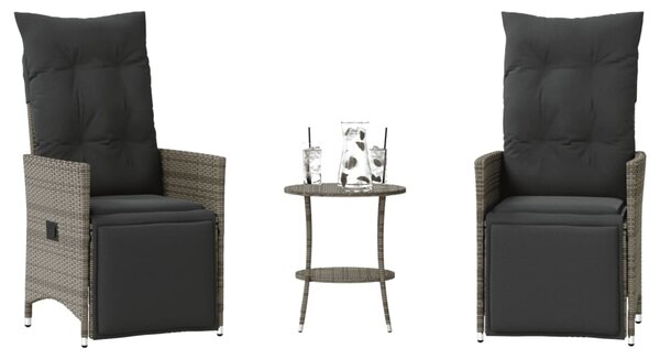 3dílný bistro set s poduškami šedý polyratan