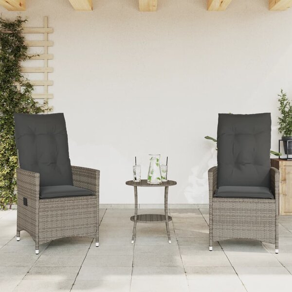 3dílný bistro set s poduškami šedý polyratan