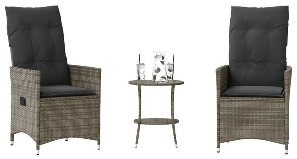 3dílný bistro set s poduškami šedý polyratan