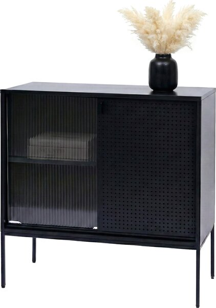 Komoda HWC-O90, skíový píborník highboard, prmyslové úloné prostory posuvné dveře kov 85x80x45cm erná