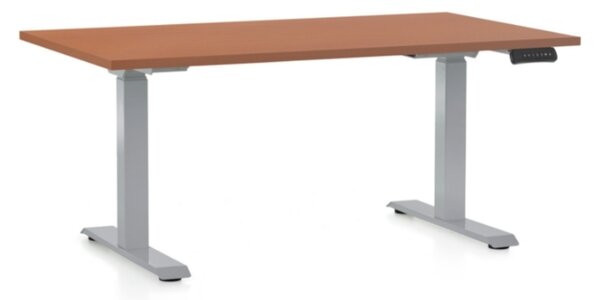 Výškově nastavitelný stůl OfficeTech D, 140 x 80 cm, šedá podnož, třešeň