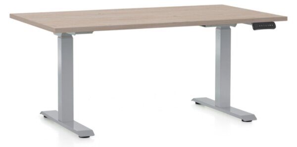 Výškově nastavitelný stůl OfficeTech D, 140 x 80 cm, šedá podnož, dub